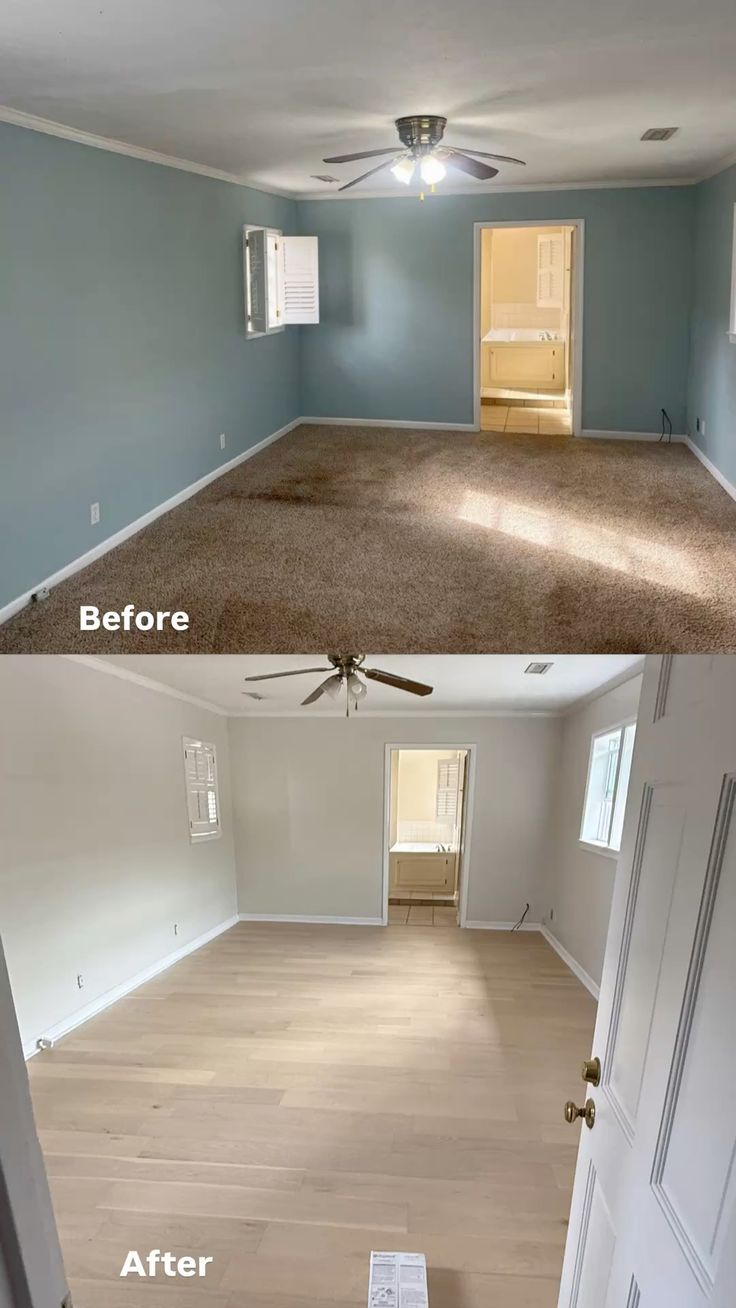 Bedroom before and after flooring and paint refresh.
