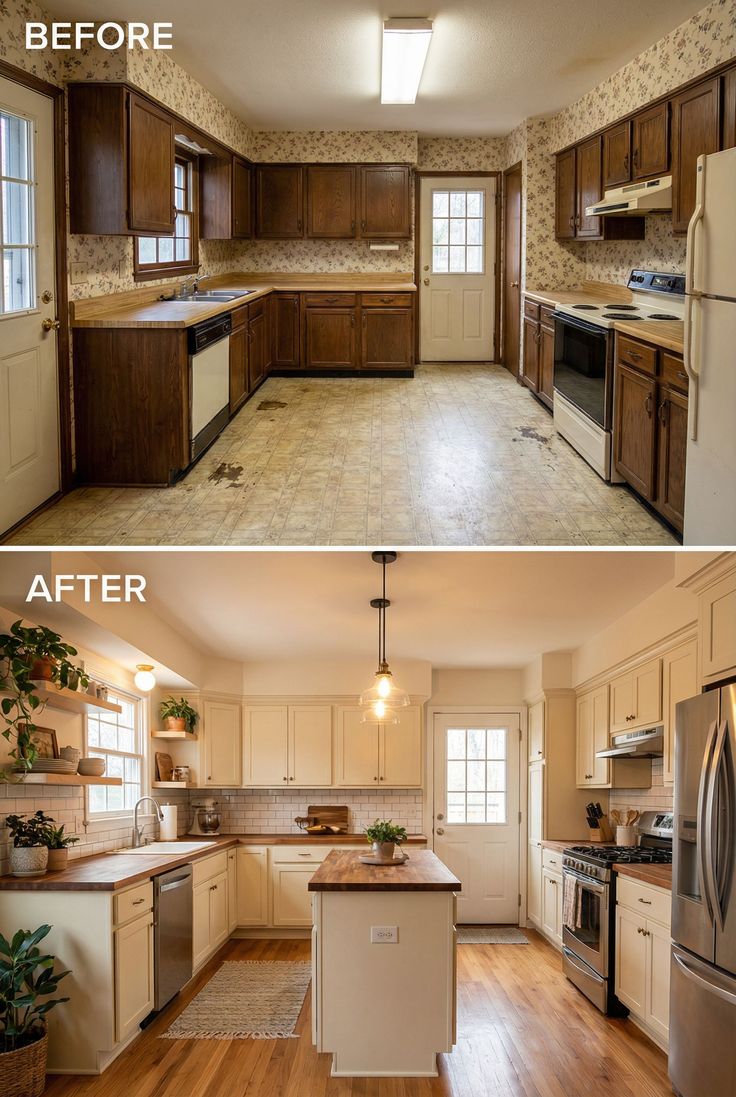 Kitchen before and after with cream cabinetry.