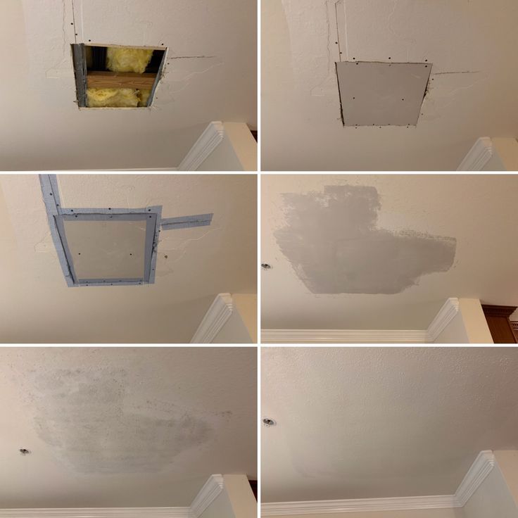 Six-step ceiling drywall repair progression in Billings Montana.
