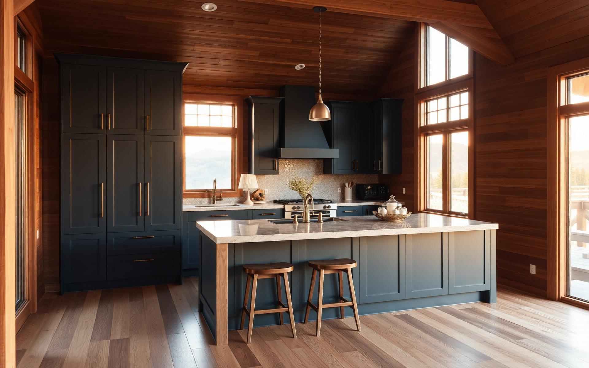 remodeled Montana kitchen with deep slate blue cabinets